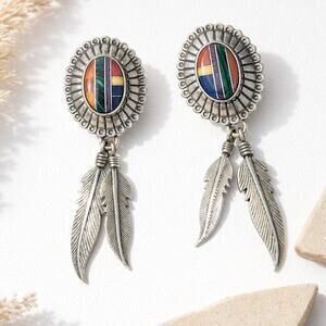 Q.T. Sterling Silver Feather Earrings Multicolor Inlay Southwest Dangles